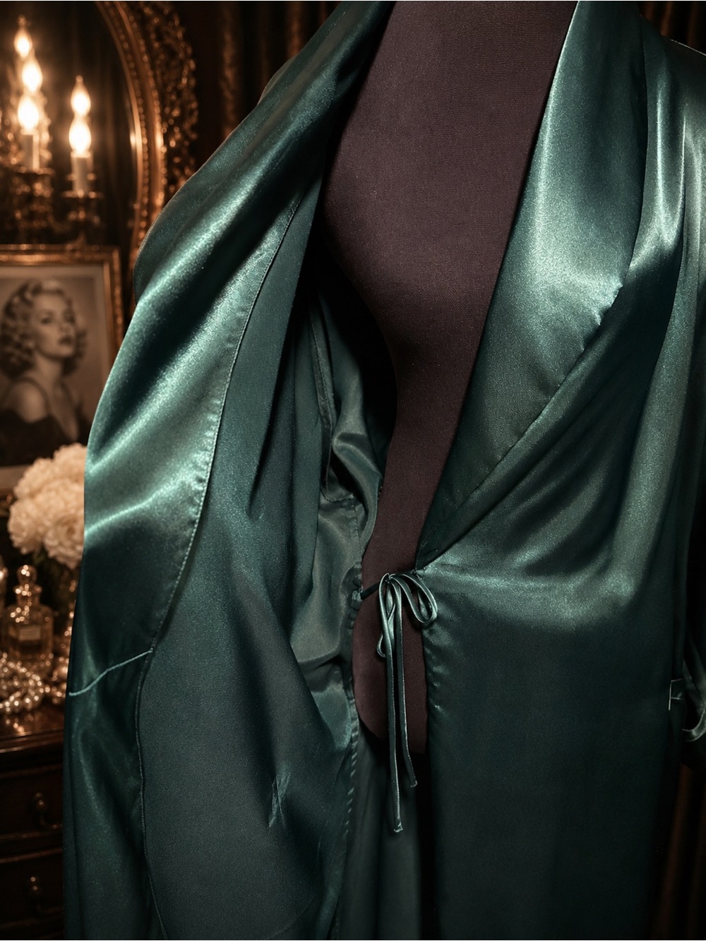 Victoria’s Secret Emerald Satin Maxi Robe M/L Old Hollywood Glamour Belted - Picture 3 of 6